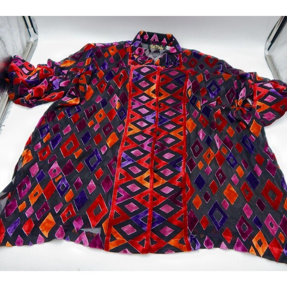 Bob Mackie Top Kimono Womens 1X Diamond Velvet Burnout Sheer Silk Blend Button - Picture 1 of 11